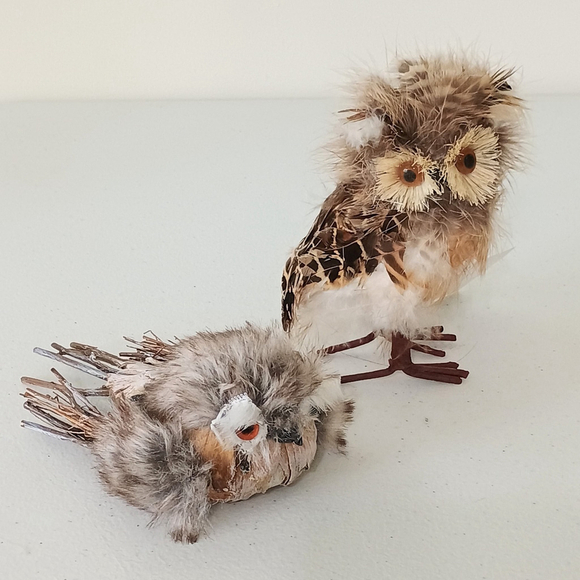 Other - Pair Of Life Like Detailed Feathered Furry Owl Figurines Rustic Fall Decor
